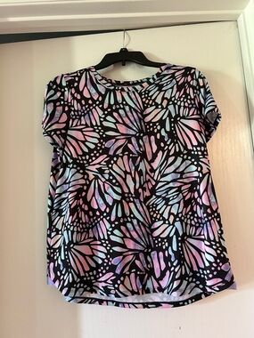 Lands' End Black Short Sleeve Top with Pastel Butterfly Wing Print